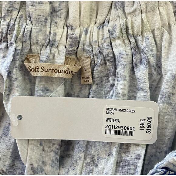 Soft Surroundings Rosana Linen Blend Floral Maxi Dress Size L Blue Tiered NWT - Picture 7 of 8